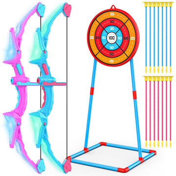 2 Pack Of Kids Bow And Arrow Set, Light Up Archery Toy Set With 14 Suction Cup Arrows & Standing Target, Perfect Kids Indoor And