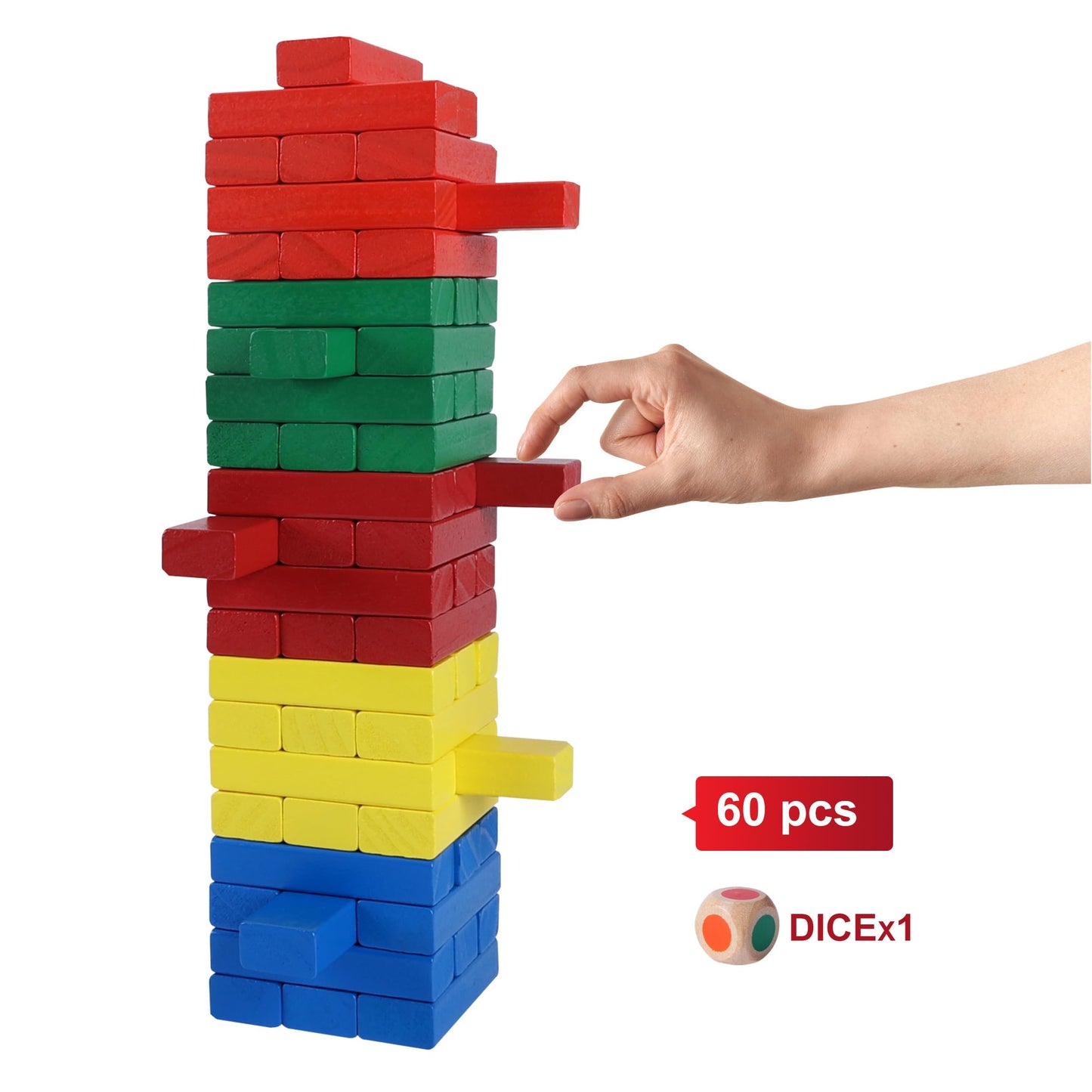 Gothink 60Pcs Wooden Blocks Stacking Board Games, Classic Tumbling Stacking Blocks Game For Kids And Families, Wood Colorful Balancing Blocks Montessori Toys Gift Set For Kids Boys Girls