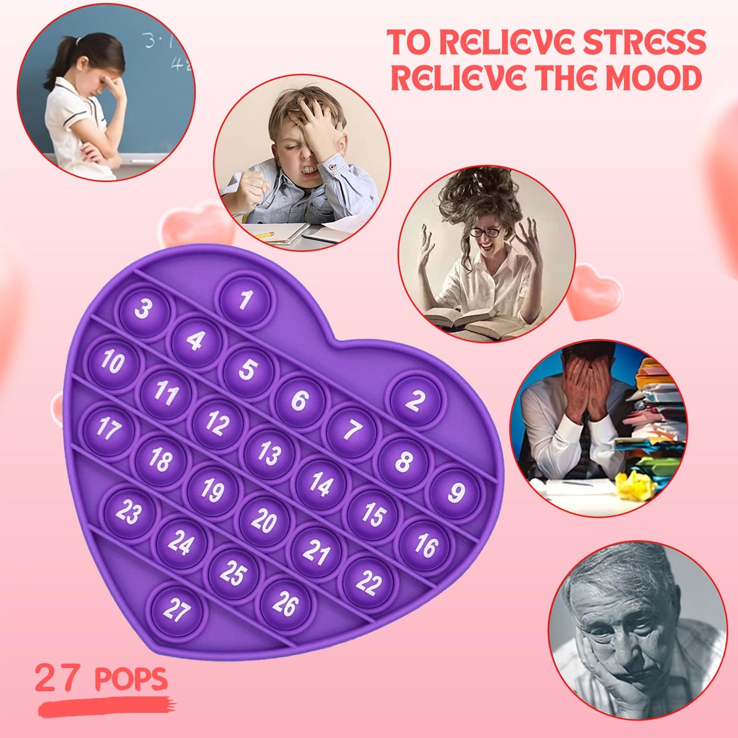 Petbsnvb Purple Heart Shaped Pop Bubble Valentines Fidget Toy With Letters And Numbers, Xmas Gift Sensory Toy With Alphabets Kids Birthday Party Classroom Prize Stress Reliever
