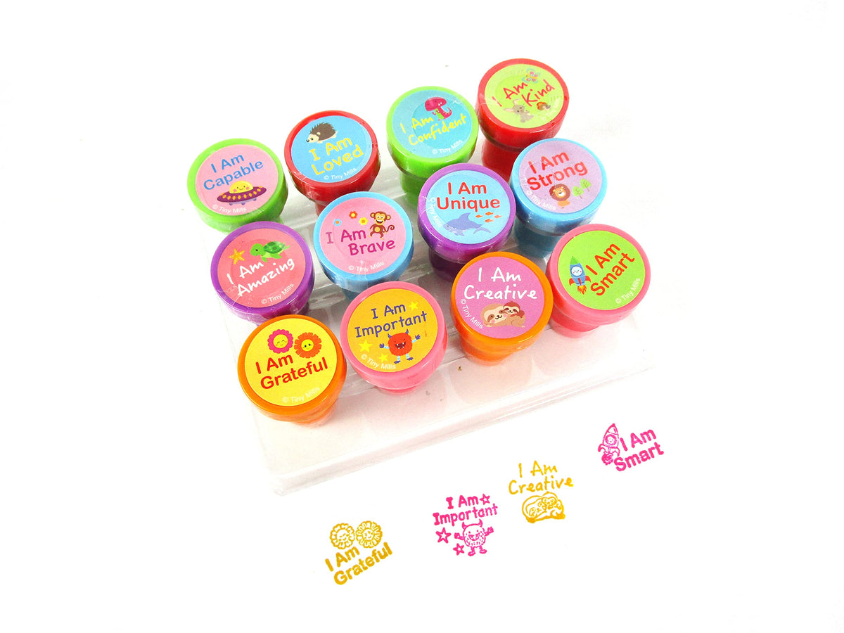 TINYMILLS 12 Pcs Positive Affirmation Stamp Kit for Kids  Positive Mindfulness Self Inking Stamps Gift Party Favors