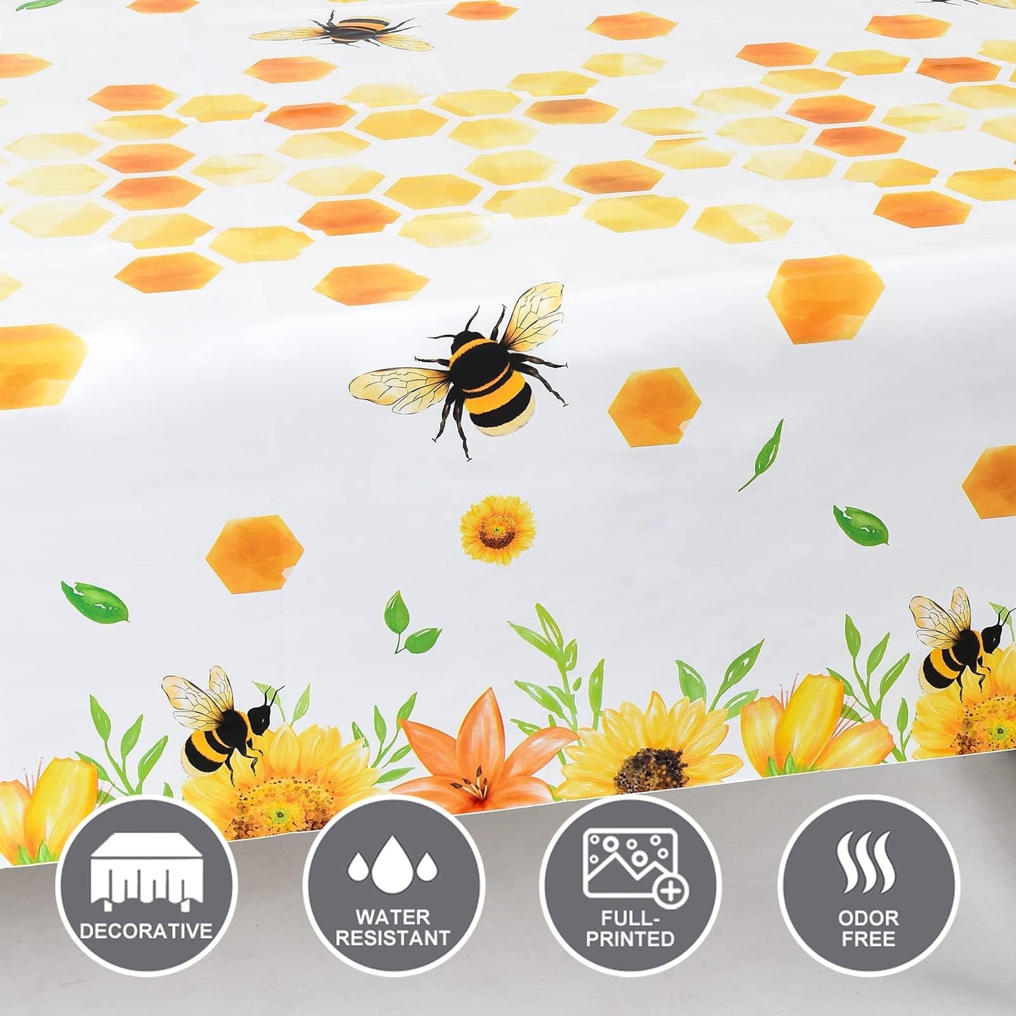 Wernnsai Bee Party Tablecloth - 2 Pack 108'' X 54'' Bee Birthday Party Supplies For Kids Girls B-Day Baby Shower Bumblebee Themed Party Decoration Large Plastic Disposable Table Cover