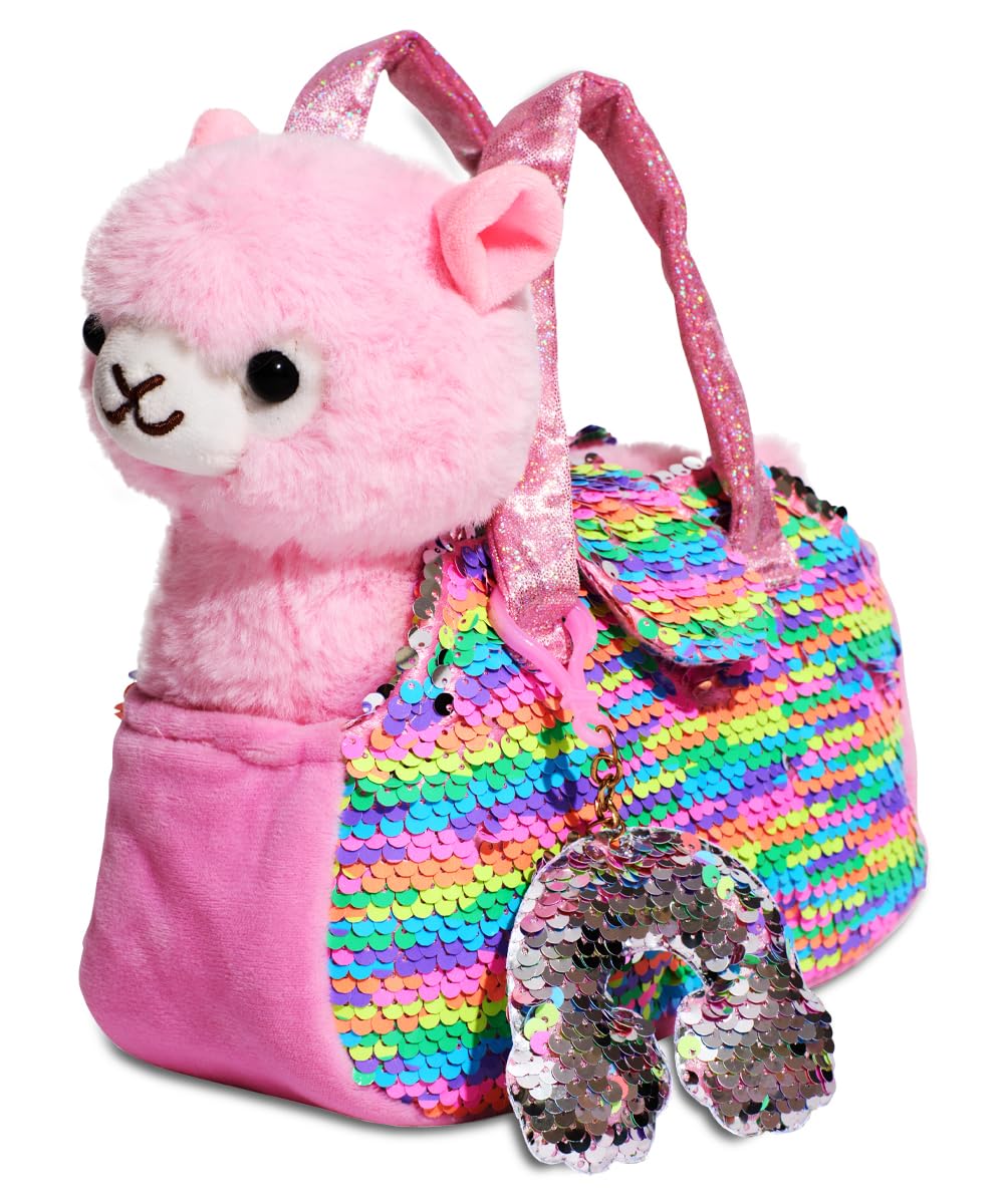 Little Jupiter Pet Plush Set With Purse W/Reversible Sequins & Charm - Stuffed Animal Toy For Kids Ages 4-7 - Stuffed Animal Purse - Stuffed Animals For Girls - (Pink Llama)