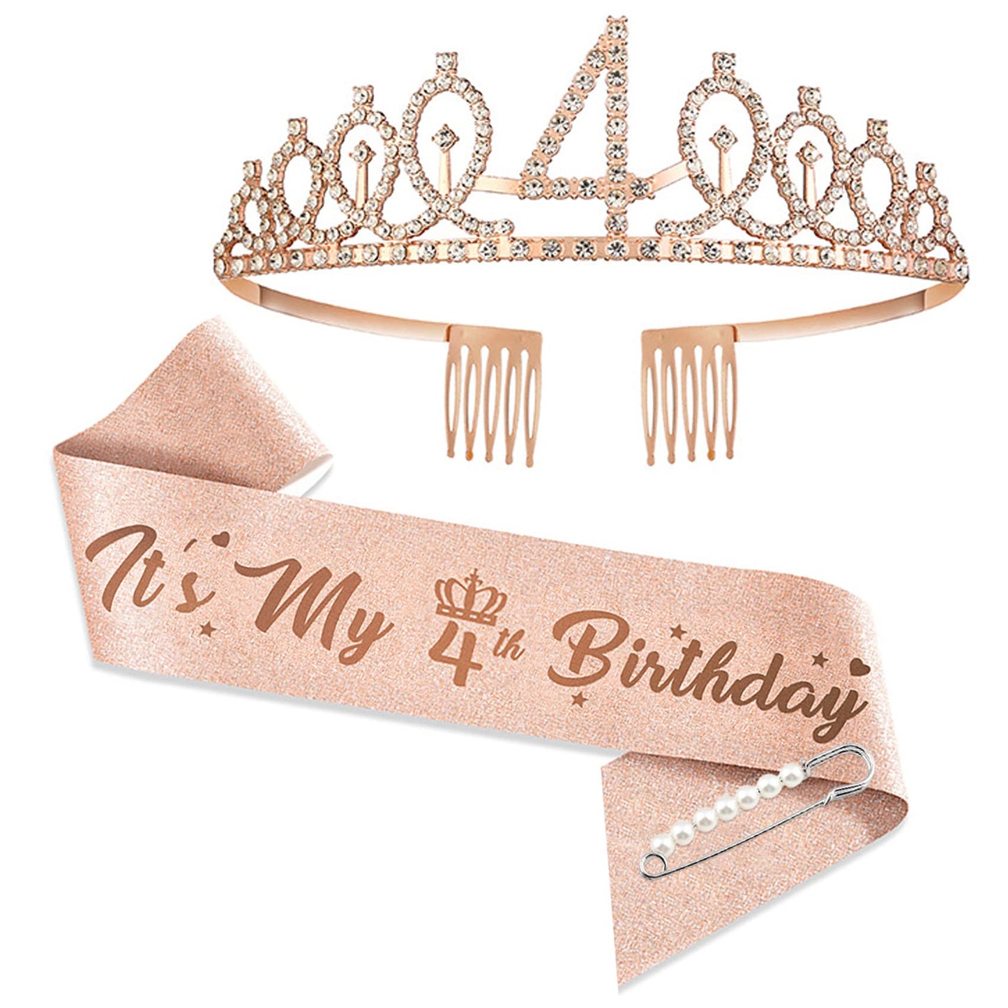 4Th Birthday Tiaras And Crowns For Women Girls, Birthday Decorations Rose Gold Sash Crystal Tiara Party Supplies