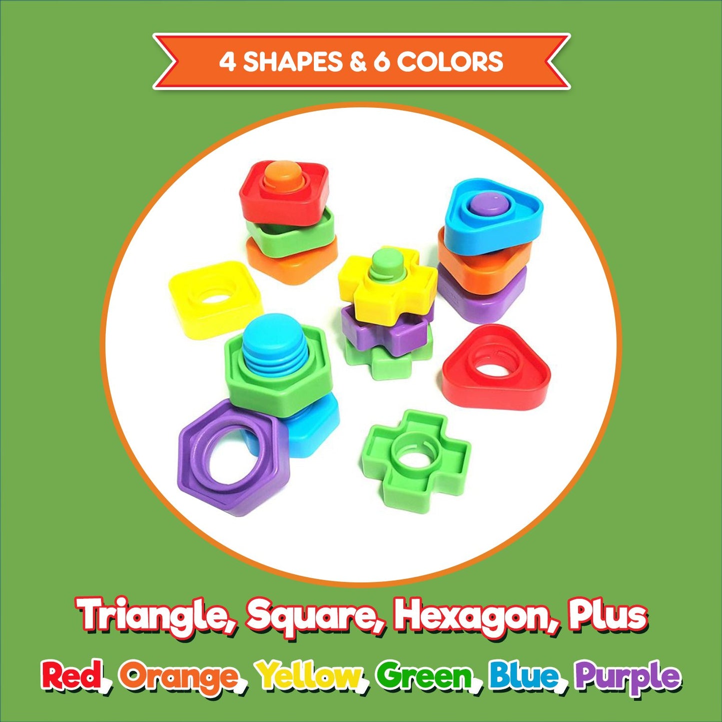 KIDS KORNER Jumbo Nuts and Bolts - Montessori Fine Motor Skills Game, 12 pcs, ABS Plastic, Rainbow Colors, Model [PO]