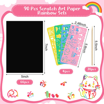 90 Pcs Scratch Art Paper Rainbow Sets, Scratch Paper Rainbow Black Scratch Off Paper Art Gifts for Kids Art Craft Supplies Kits