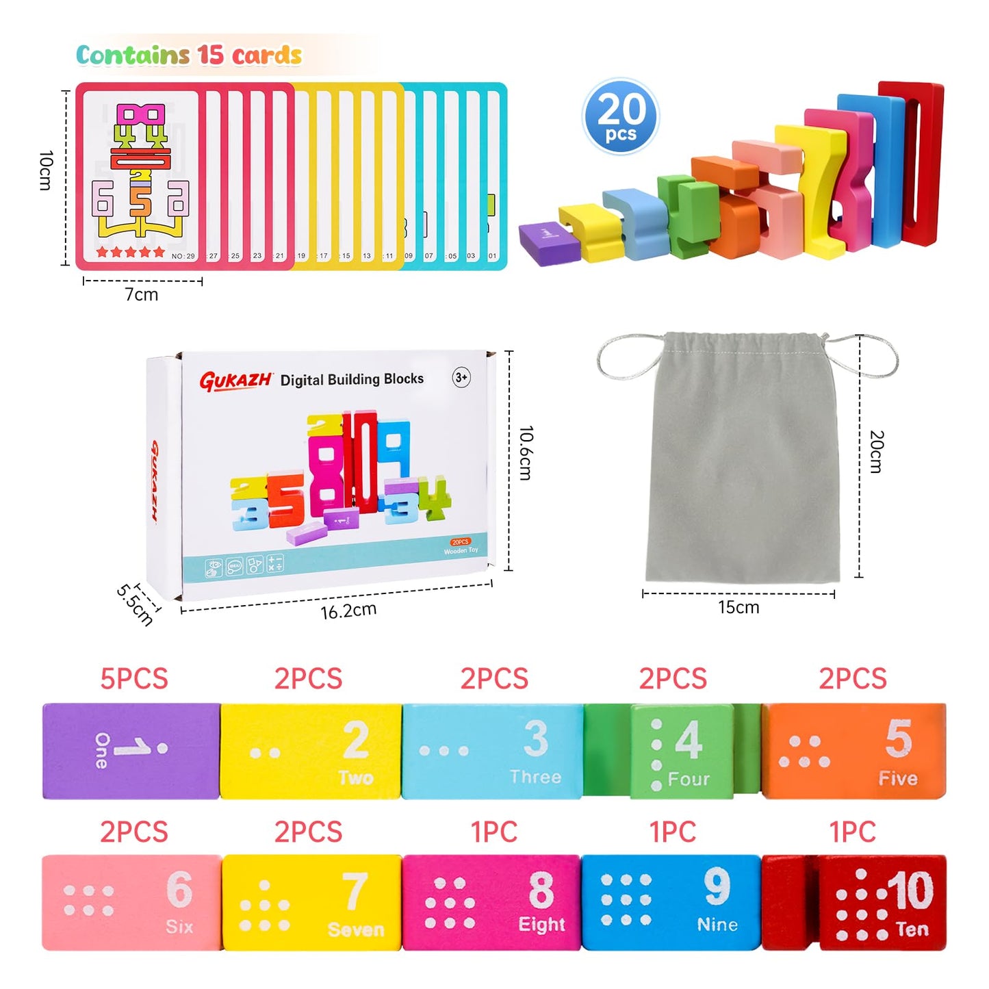 GUKAZH Wooden Number Building Blocks 20 Pcs Stacking Toys for Kids, Math Learning Tool for Students, Digital Building Blocks 1-1