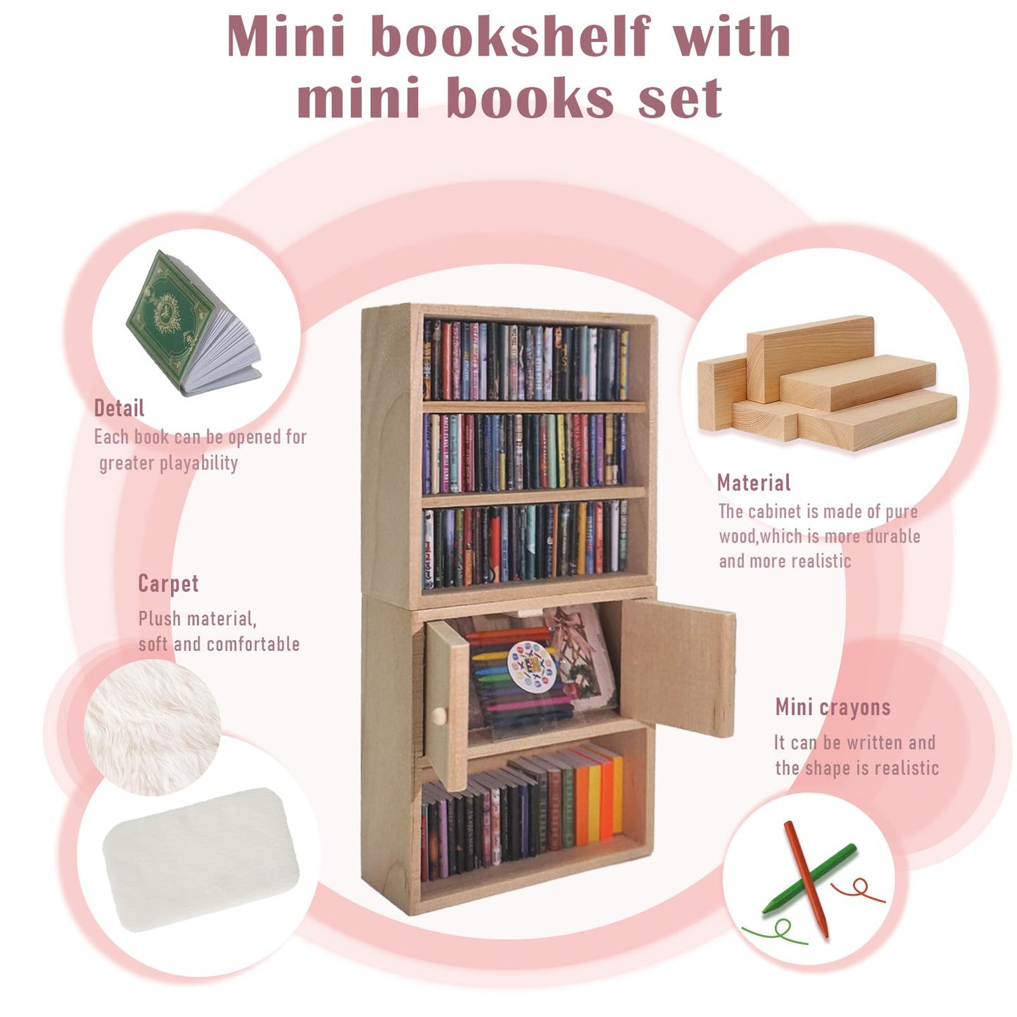 1:12 Scale Dollhouse Bookshelf Set - 2 Mini Wooden Bookshelves, 100+ Blank Mini Books & Art Studio Accessories For Creative Educ
