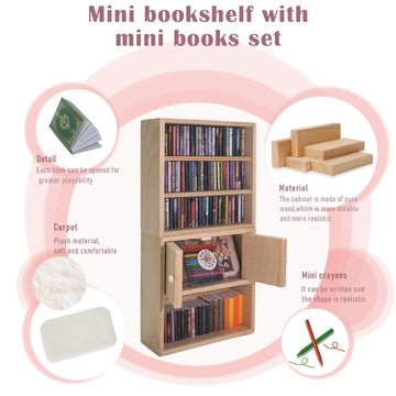 1:12 Scale Dollhouse Bookshelf Set - 2 Mini Wooden Bookshelves, 100+ Blank Mini Books & Art Studio Accessories For Creative Educ