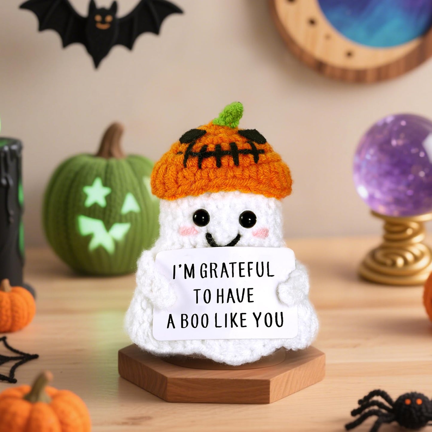 Boo Basket Stuffers for Women Men, Halloween Ghost Handmade Positive Crochet Doll, Funny Halloween Ghost Decor for Girlfriend Bo