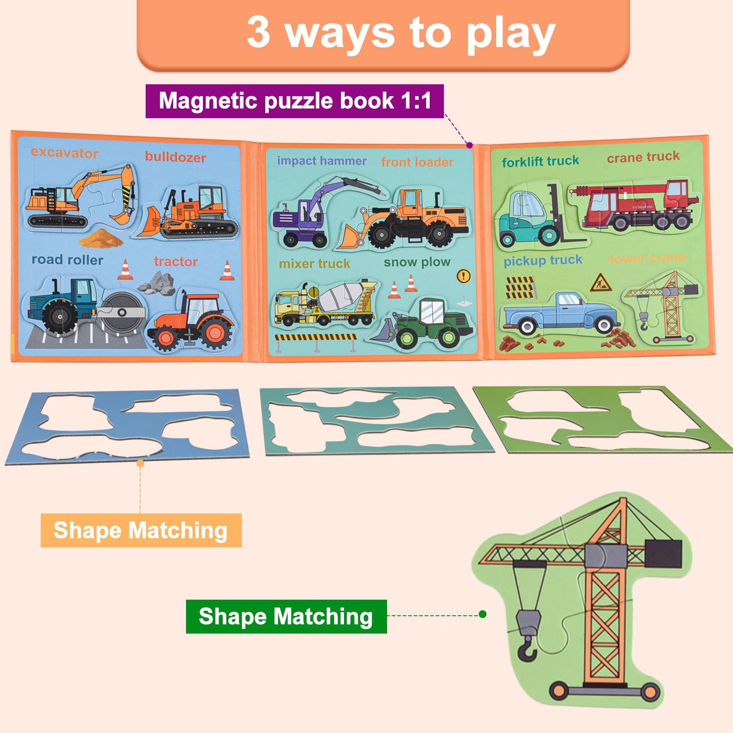 ASTARON 3D Magnetic Puzzle with 60 Puffy Stickers for Toddlers, 41 Pieces Construction Vehicles Toddler Puzzles Preschool Educat