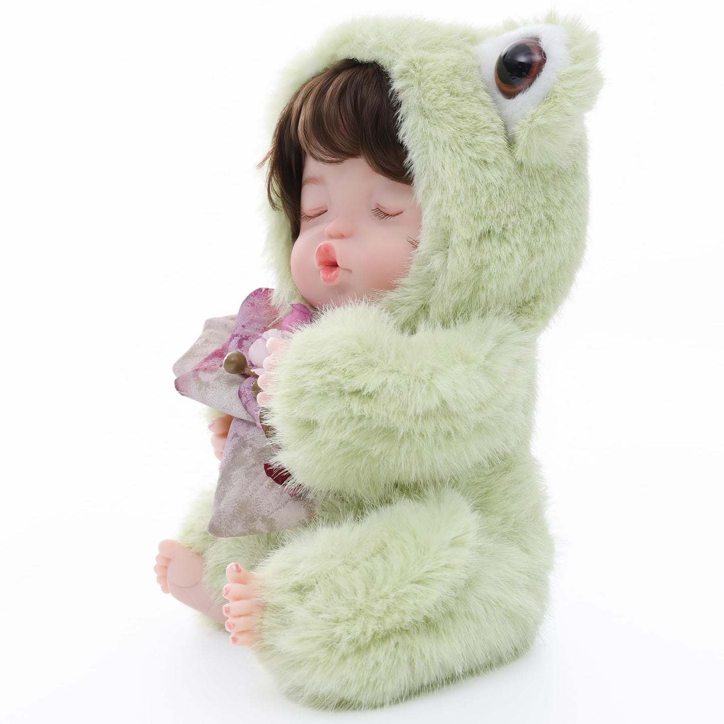 Reborn Baby Doll 10 Inch - Realistic Vinyl Sleeping Girl In Soft Green Frog Outfit - Comfort Doll Gift For Girls & Collectors