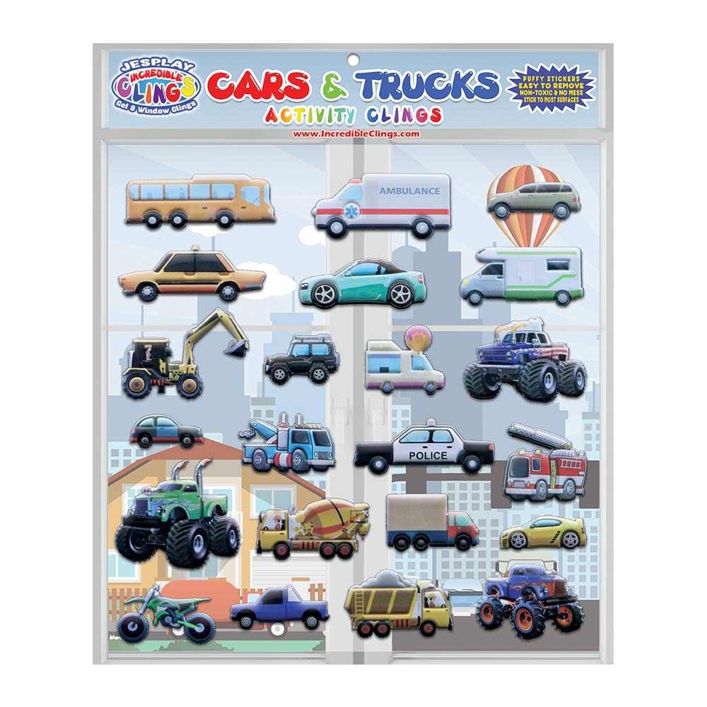 JesPlay Cars and Trucks Window Clings - Reusable Foam Stickers for Kids, Multicolor, Model 43221-7665, Fun Activities for Home and Travel