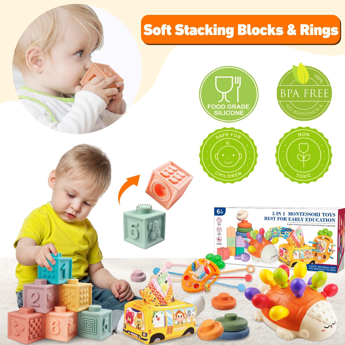 Weilim Montessori Toys For Babies 6 To 12 Months, Baby Toys Sensory Toys For Toddlers 1-3, Fine Motor Toys, Pull String Toy, Stacking Blocks Rings, Baby Tissue Box Toy 5 In 1 Infants Learning Toys