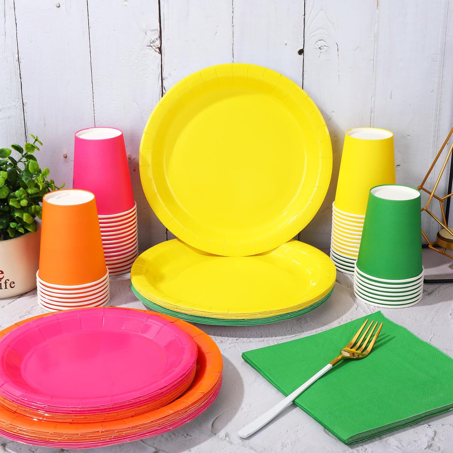 Whaline 244Pcs Neon Tableware Set Serves 48 Bright Color Disposable Dinnerware 48 9 Plates 48 7 Plate 48 9oz Cups 100 Napkins fo