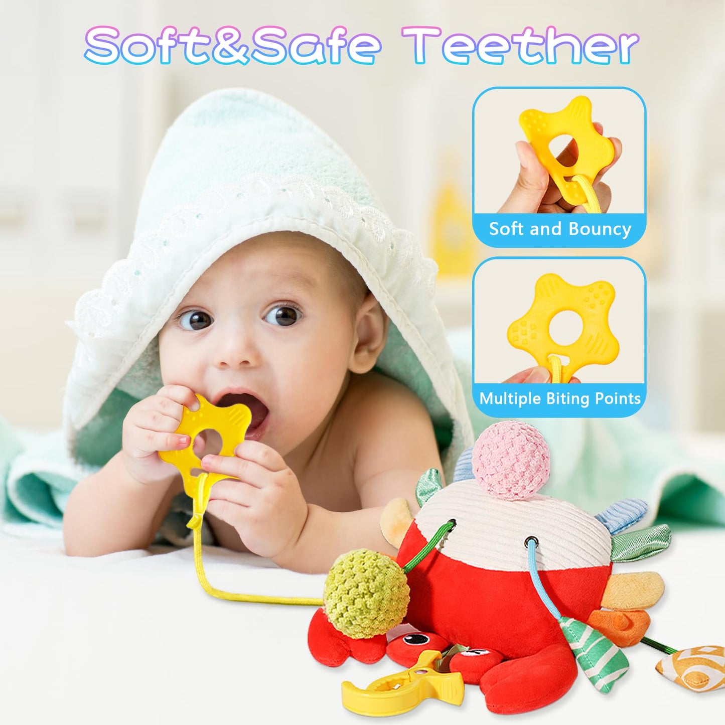Shozaar Car Seat Toys For Babies 0-6 Months, Crab Stroller Toy With Clamp,Mirror, Little Bell, Rattles, Crinkle, Squeaky,Baby Ne