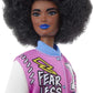 Barbie Fashionistas Doll #156 With Brunette Afro & Blue Lips Wearing Graphic Coat Dress & Yellow Shoes, Toy For Kids 3 To 8 Year