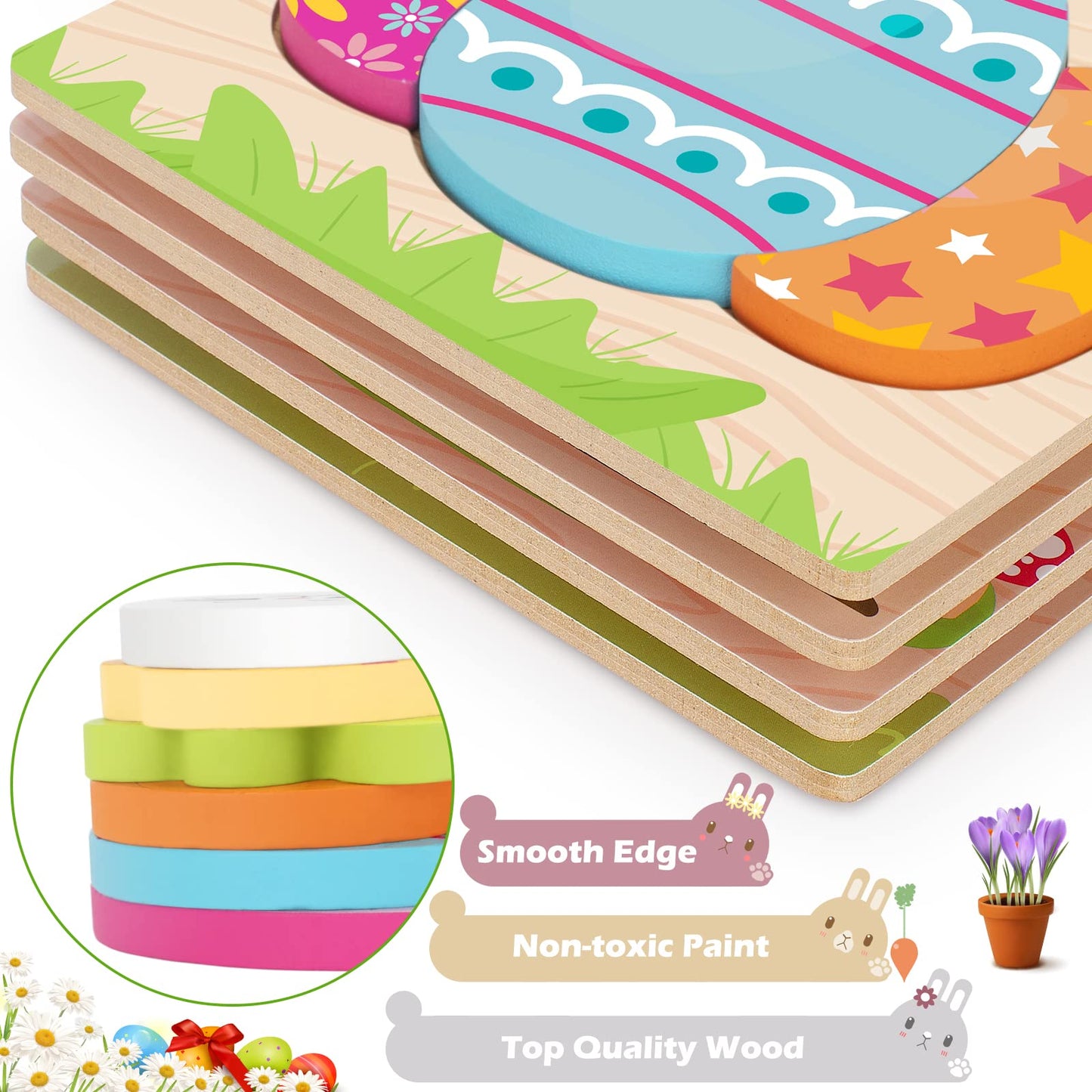 Easter Toys Gifts For Kids Toddlers - 4 Pack Wooden Puzzles With Rabbits, Carrots, Chicks, Eggs Design, Easter Party Favors For
