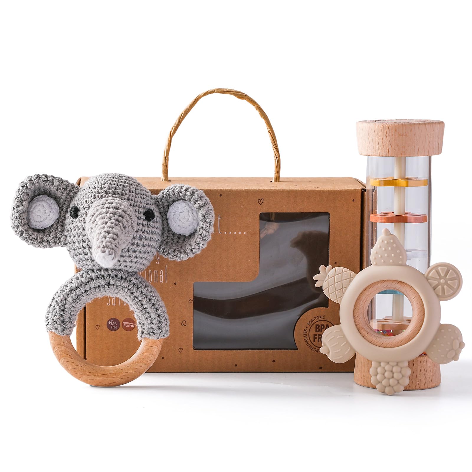 Youuys Wooden Baby Rattle Set (3Pcs) - Crochet Rattle Rain Stick Teething Toys, Wooden Montessori Toy For Newborn Infant Baby Rattles Set Toys 3-6-12 Months (Gray Elephant)