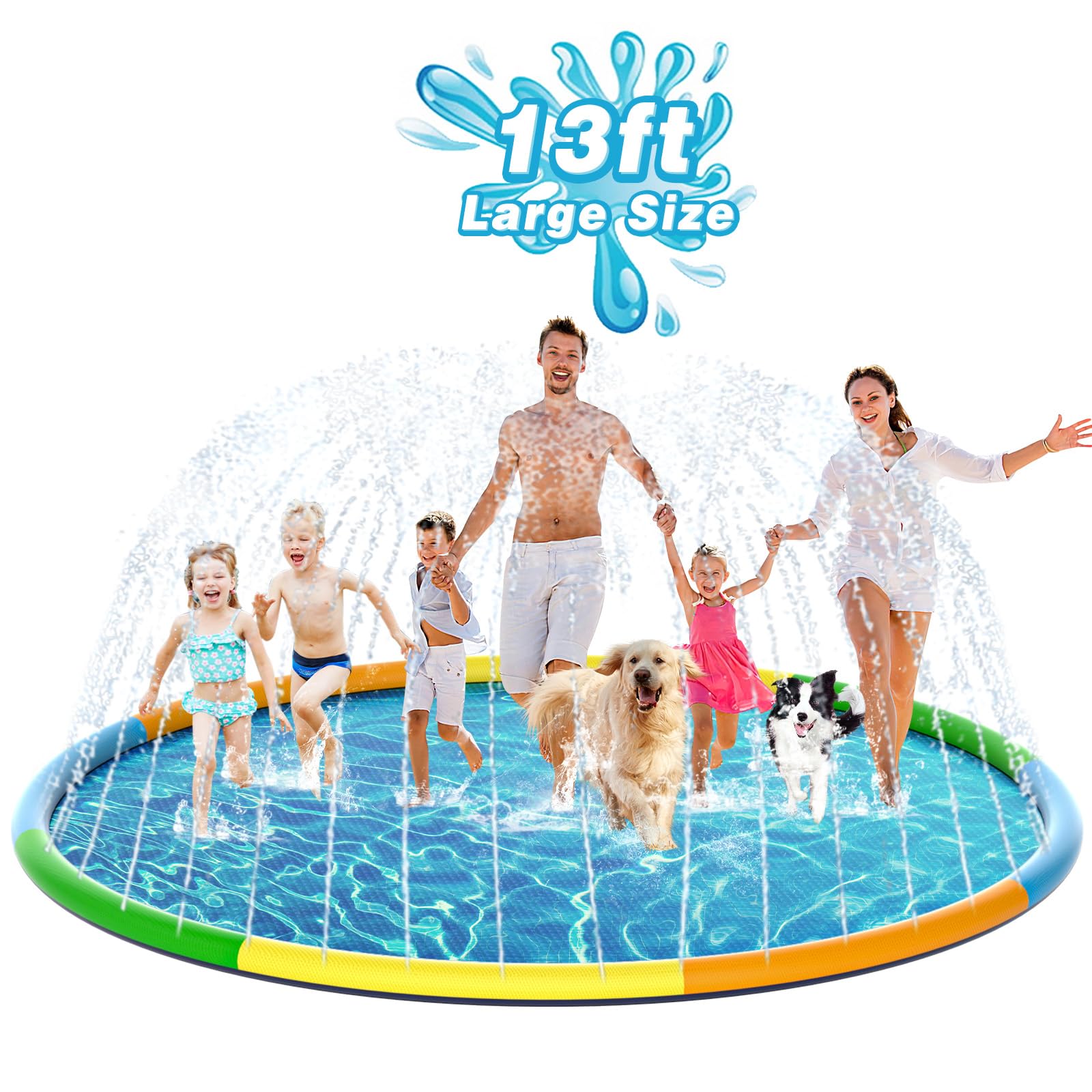 EPN Splash Pad, 13FT Size Extra Large Sprinkler Play Mat for Dogs & Kids, Thicker Pool Summer Outdoor Water Toys Fountain Pad fo