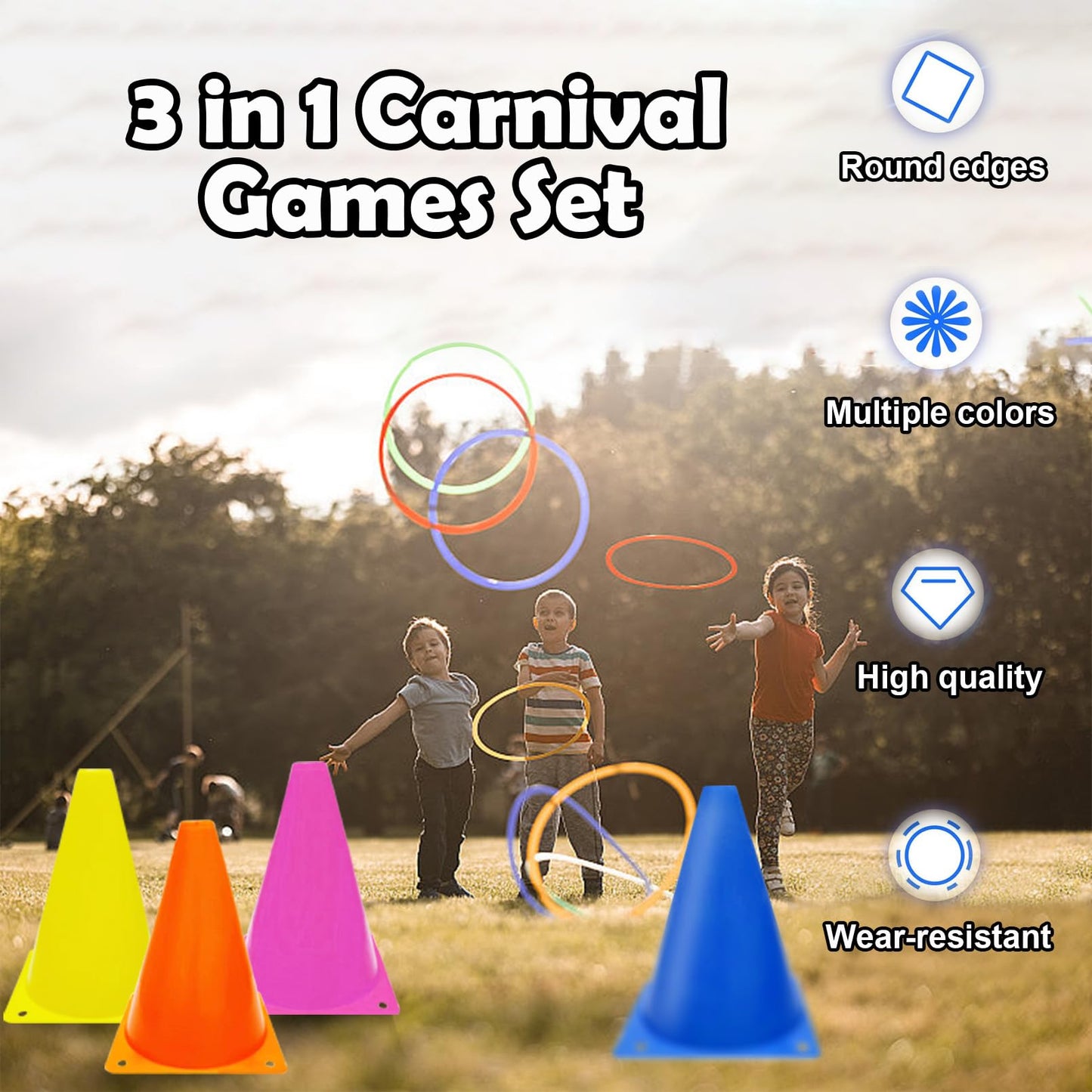 ailixinda 3 in 1 Carnival Games Set 39PCS Soft Plastic Cones Cornhole Bean Bags Ring Toss Game Carnival Combo Set Toss Games for Kids mature-themed Birthday Party Indoor Outdoor Games Supplies Yard Lawn Games
