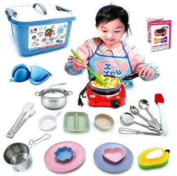 Kids Junior Tiny Real Easy Cooking Kitchen Set and Baking Kit - 22 Pc. Mini Stove Burner, Chef, Apron, Oven Mitt, Recipes - Easy