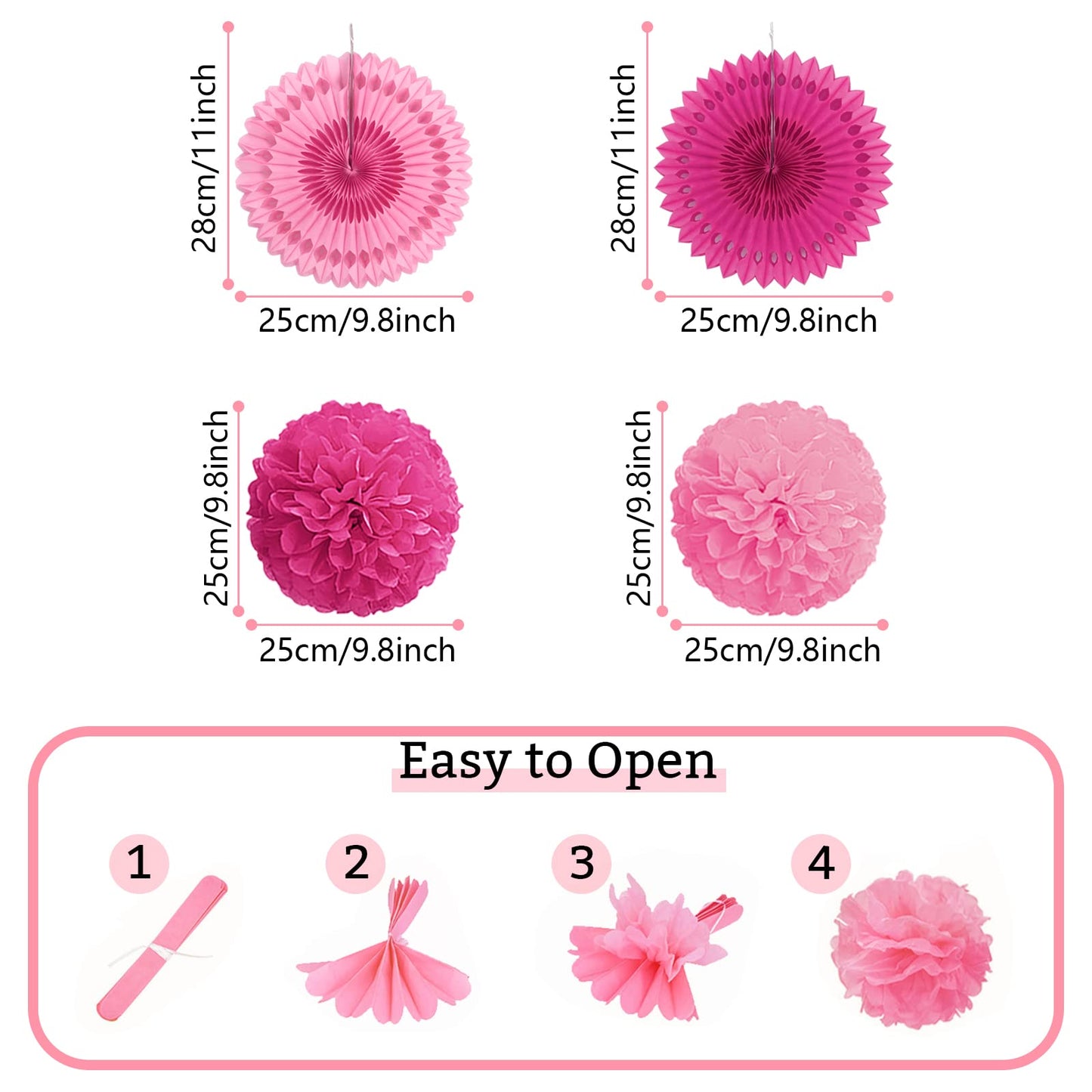 Recosis Party Decorations, Pink Papar Fans Pompoms Garlands For Women Girls Mothers Day Bachelorette Wedding Birthday Baby Showe