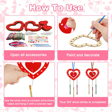 Fennoral 9 Pack Heart Wind Chime Kit For Kids Make You Own Red Heart Wind Chimes Mother'S Day Wooden Ornaments For Kids Art And