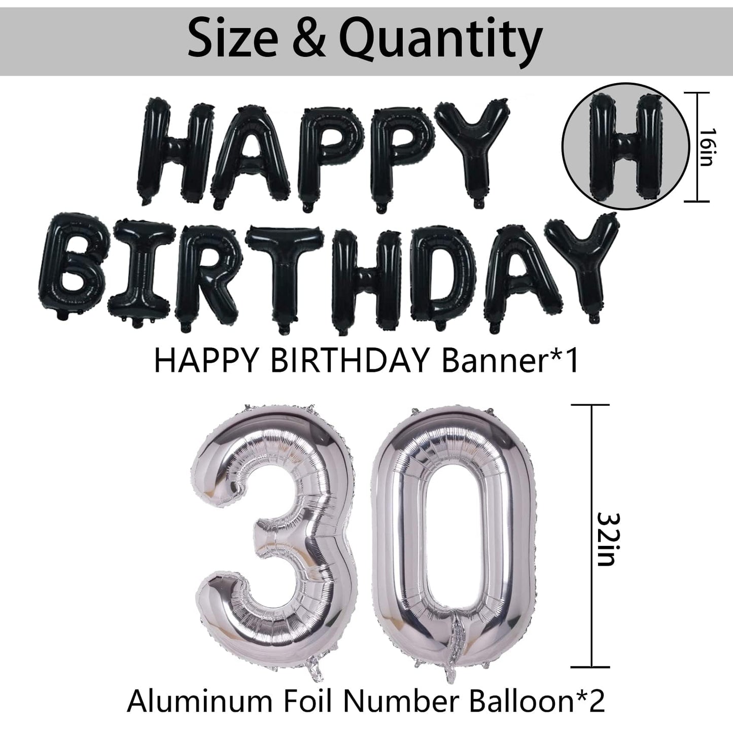 Naninuneno 30Th Black Silver Birthday Party Decorations For Men Women, Happy 30 Birthday Party Supplies With Black Happy Birthda
