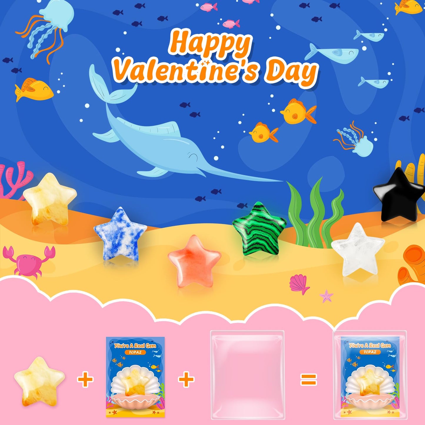 iMopo Valentines Day Gifts for Kids-24 Pack Star Shape Crystal Stones with Valentines Cards Goodie Bags, Natural Love Healing Cr