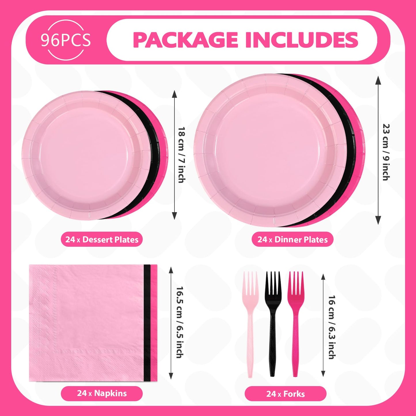 Grencian 96 Pcs Pink and Black Birthday Decorations Hot Pink Party Plates and Napkins Disposable Heavy Duty Pink and Black Table