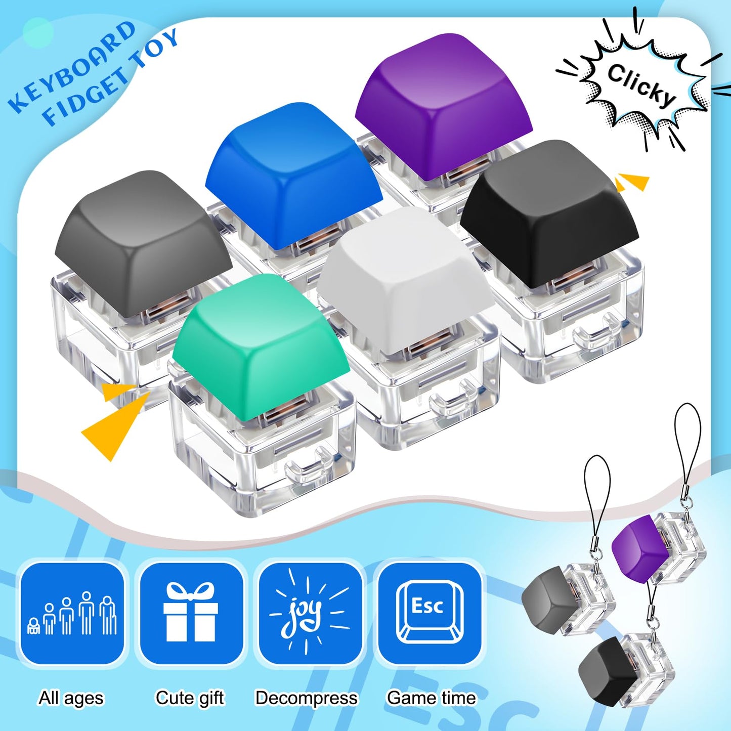 Taiyin 6 Pcs Keyboard Fidget Toy Fidget Clicker Keyboard Keychain Decompression Toys Button Stress Relief Gifts for mature-themed to Relief Stress Pass The Time(Simple Colors)