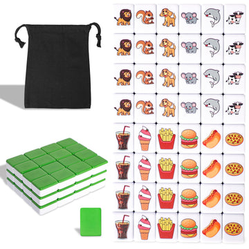 Gracias 2 Players Mahjong Block Set, Mahjong Tile Game With 49 Premium Green Tiles(30Mm) Animal And Food Pattern, Portable Mahjo