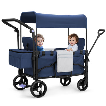 Momfann Wagon Stroller For 2 Kids,Double-Seater Foldable Kids Wagon With Canopy, Adjustable Push And Pull Handles,Outdoor Baby S
