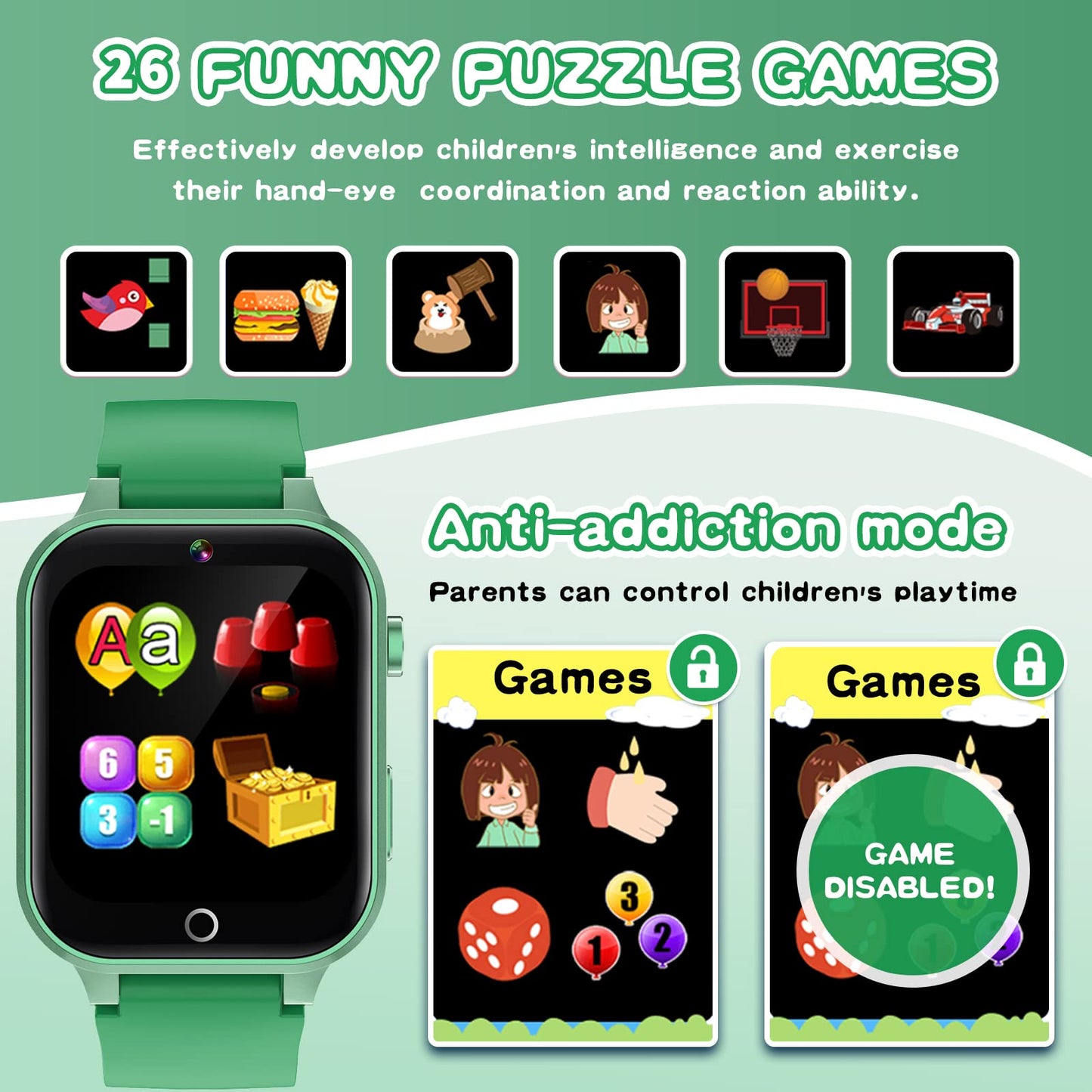 Cosjoype Kids Smart Watch Boys Gift For Age 6-10, 26 Games Touch Screen Hd Video Music Player Learning Cards Audiostory Pedometer Educational Toys Birthday Gifts For Girls Ages 4 5 6 7 8 Green