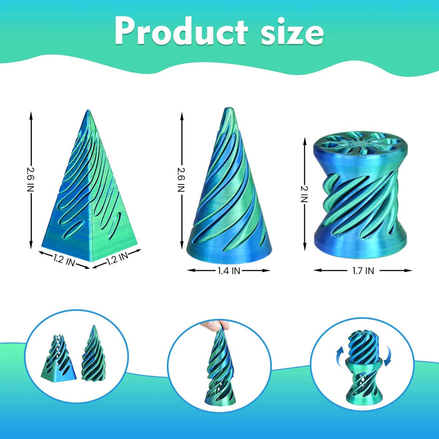 Mydhall 3PCS Impossible Cone 3D Printed Spiral Cone Fidget Toys Impossible Pyramid Passthrough Sculpture Stress Relieving Toys for mature-themeds and Kids Stocking Filler White Elephant Gifts(Blue Green)