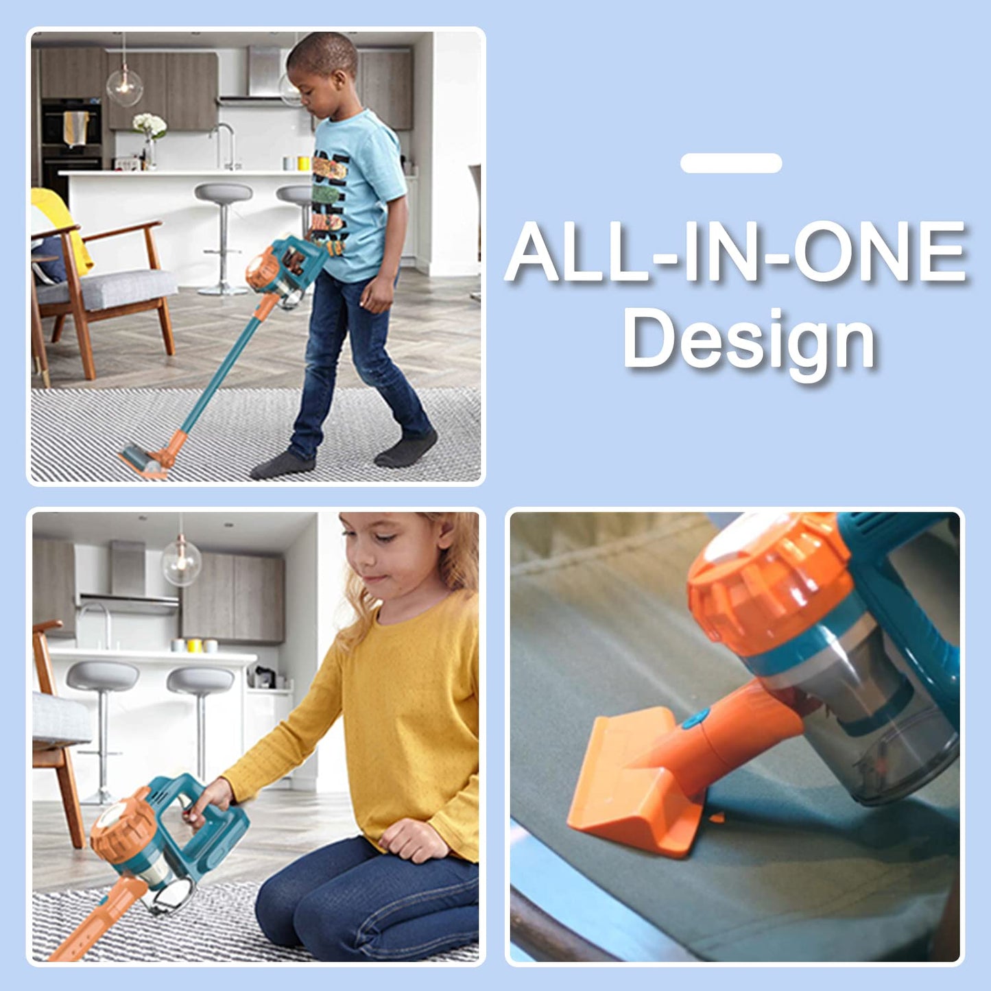 BAYMI 3-in-1 Kids Vacuum Cleaner Set, Toddler Toy with Working Suction, Child-Size, Blue, Model BM63590X