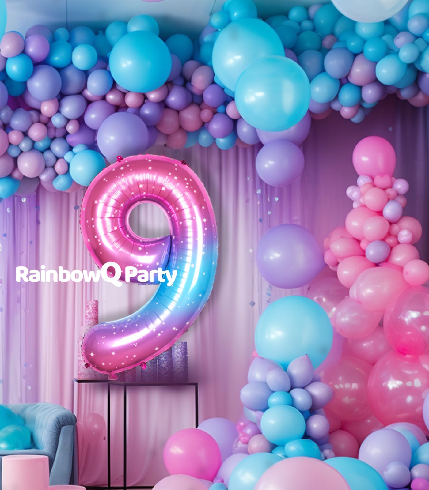 Rainbowq 9 Balloon Number 40 Inch For Boy Or Girl Big Starry 0-9 Foil Mylar Large 9 Number Balloon Happy 9Th Birthday Party Anni