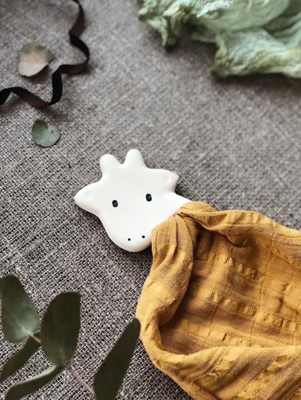 Giraffe Baby Comforter - Mustard Yellow Muslin with Organic Natural Rubber Teether | Safari Animal Soothing Toy | Soft, Easy-Gri