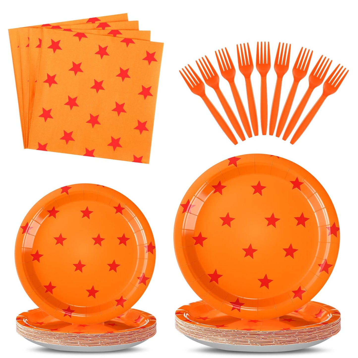Oudain 96 Pcs Anime Theme Party Supplies 24 Sets Anime Paper Plates Napkins Forks Orange and Red Stars Print Disposable Plate Na