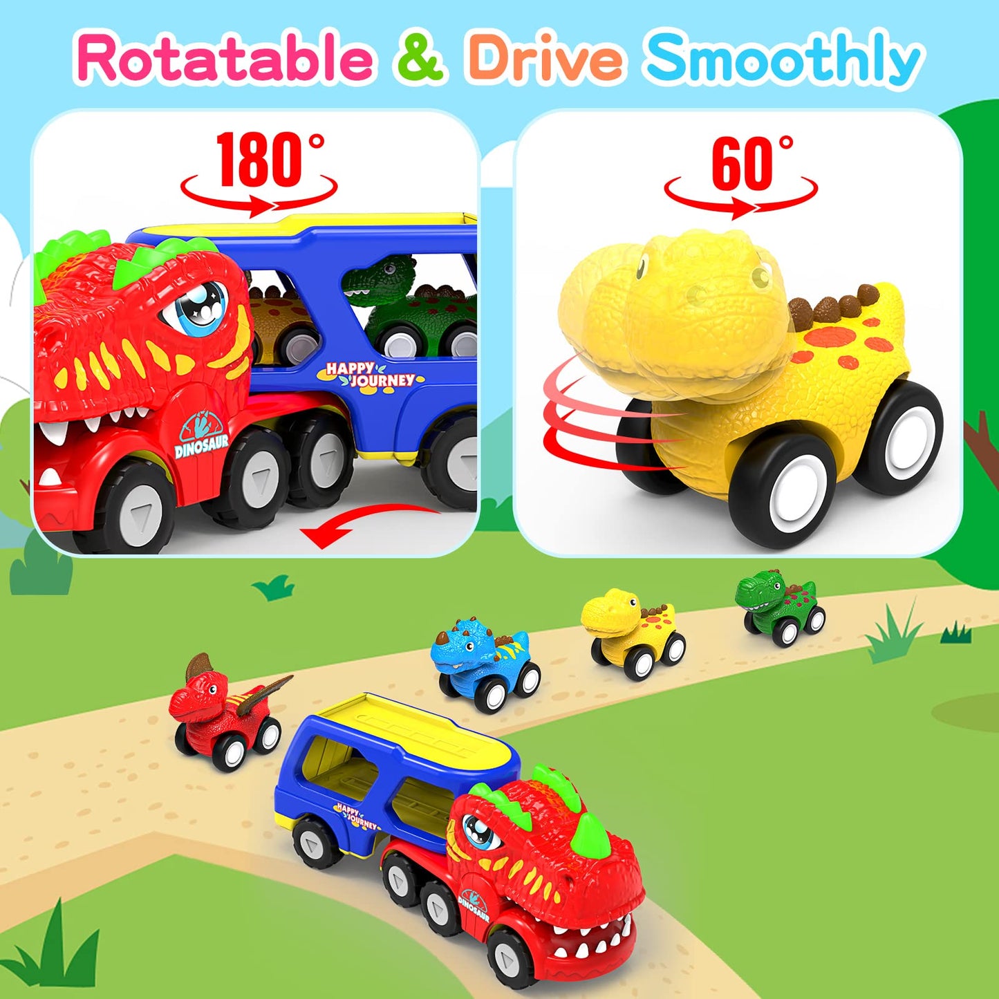 ENJSD 5-in-1 Toy Trucks for Boys 2-3 Years, Friction Powered, Red, Includes 4 Dinosaur Toy Cars, Flashing Light & Sound, Model G0111