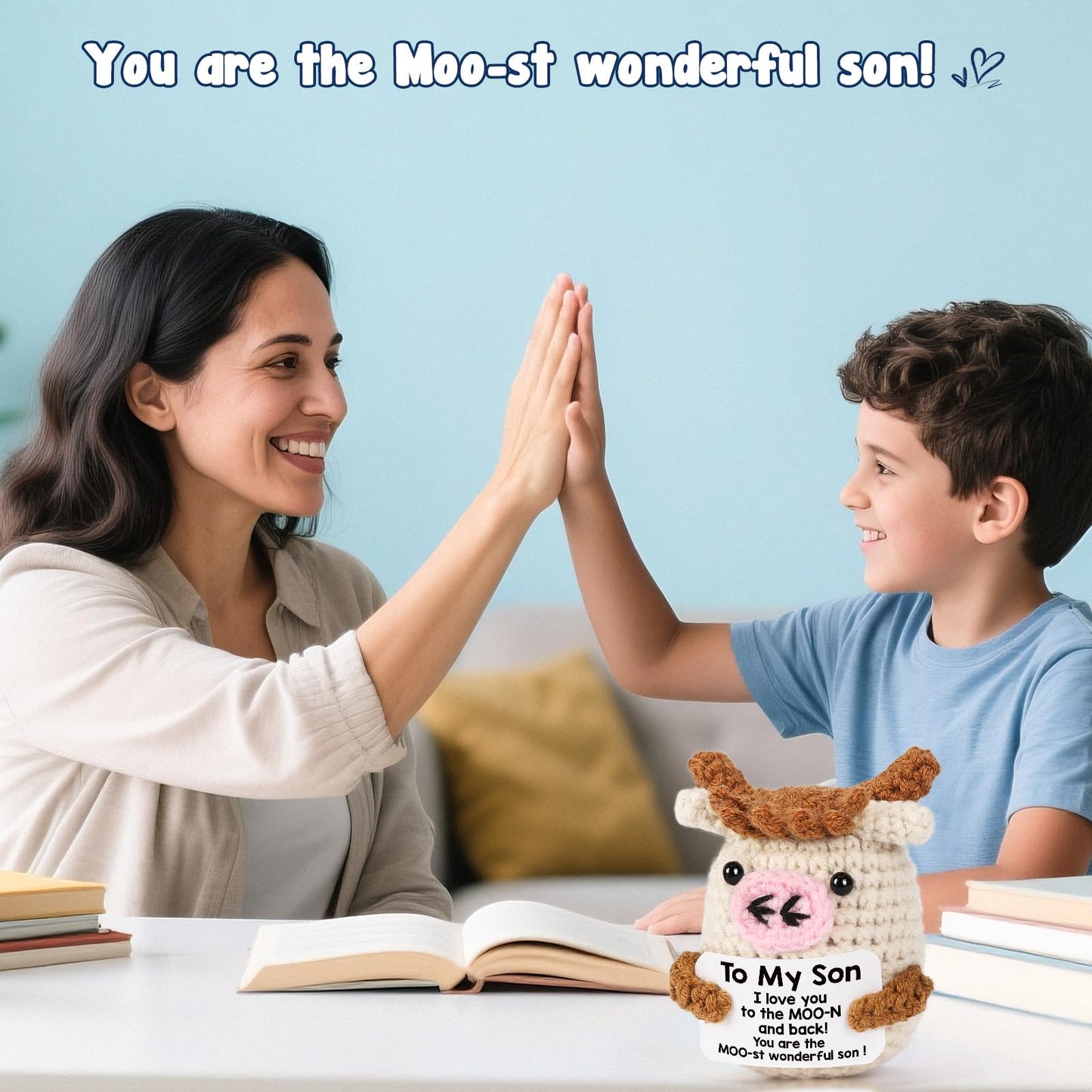 YUEYUQIU Gifts for Son from Mom/Dad - Christmas Birthday Gifts for mature-themed Sons Teens Son in Law  Handmade Crochet Small Cow Present for Graduation Birthday Valentines - You are The Most Wonderful Sons