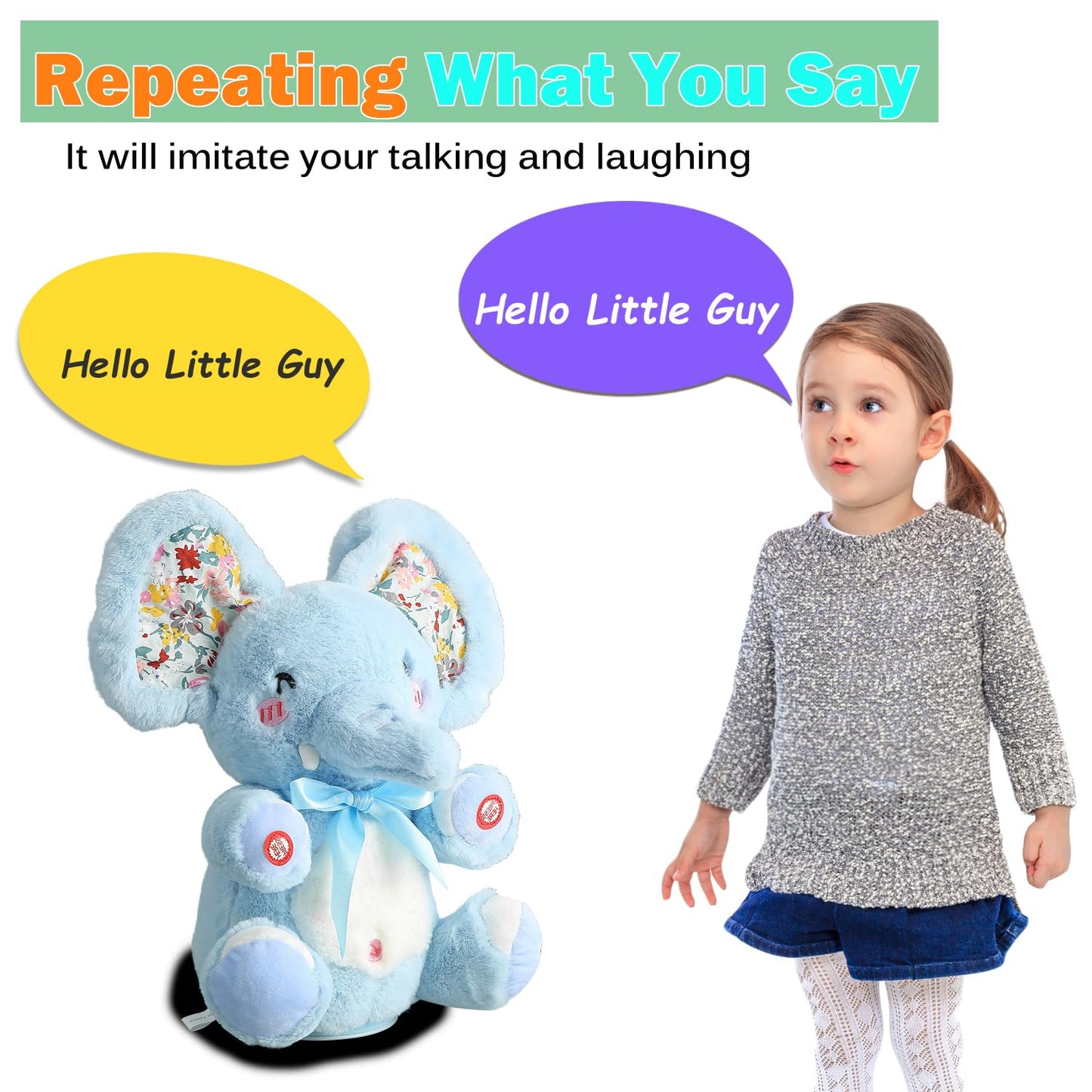 Hcdoujoy Baby Blue Peek A Boo Elephant Plush Stuffed Singing Elephant, Repeat What You Say, Musical For Toddler With Moving Ear, Singing Talking Stuffed Animal Baby Toy For Boy Girl