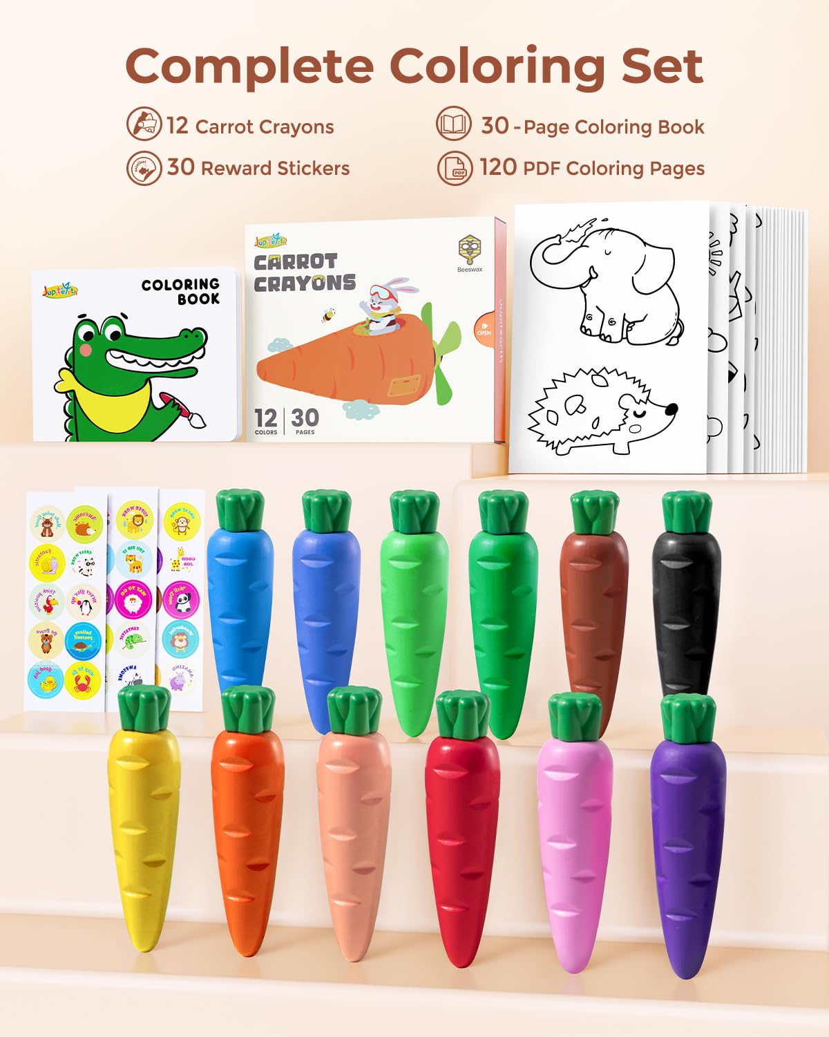 JUPITEARTH Toddler Crayons, 12 Colors, Non-Toxic Beeswax, Includes 30-Page Coloring Book & 120 PDF Pages, Model JELB005