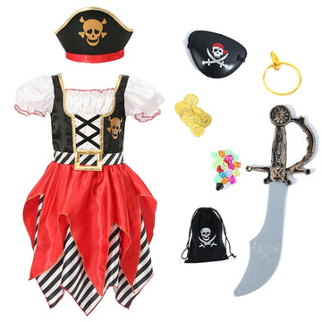 Wizland Girls Pirate Costume Deluxe Buccaneer Princess Dress for Kids with dress hat pouch earring coins Gems decorative replica blade and eye-patch 7-8years