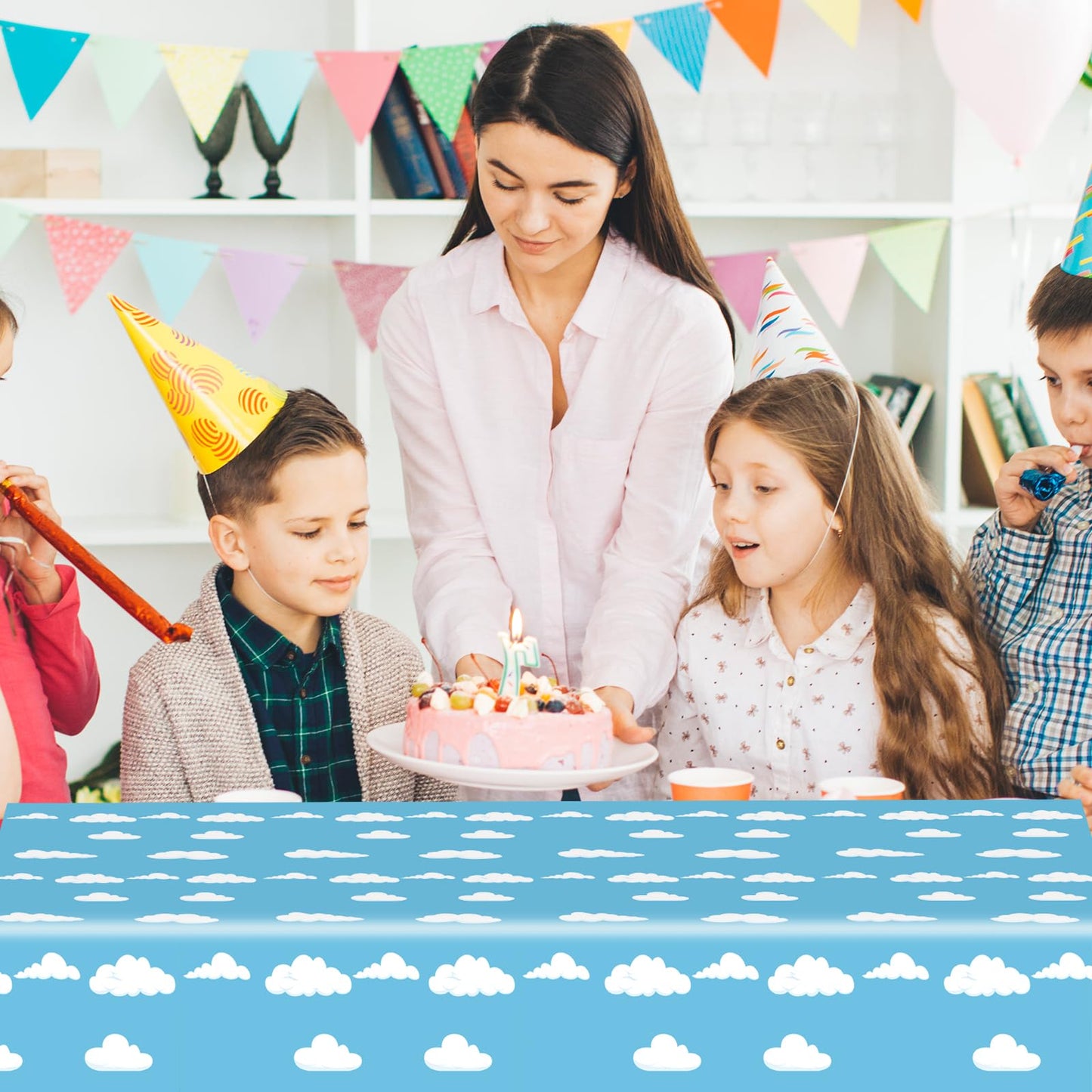 Auroraparty 3Pcs Cloud Birthday Party Tablecloth Blue Sky Table Cover Plastic Birthday Disposable Rectangle Birthday Table Cloth