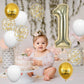 40 Inch Light Gold Number 1 Balloon, 1St Birthday Balloons, Confetti Balloons Gold Birthday Print White Latex Balloons Giant 1 F