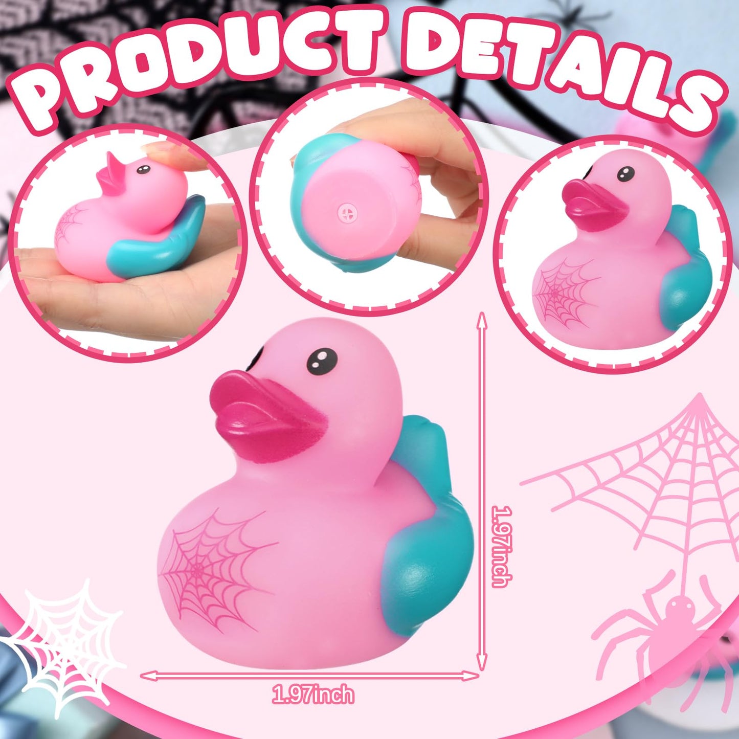 Leyndo 24 Pcs Christmas Spiderweb Birthday Party Decoration Favors Pink Spider Rubber Duck Bulk for Gifts Bathtub Floating Pool Squeaky Pink Blue Duck for Party Supplies