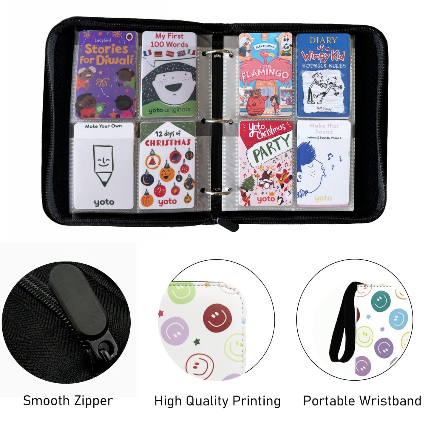 Thisness Yoto Card Holder - 120 Cards Capacity, Medium to Large, PU Material, Smile Color, Model US-DLL, Zipper Card Case Organizer