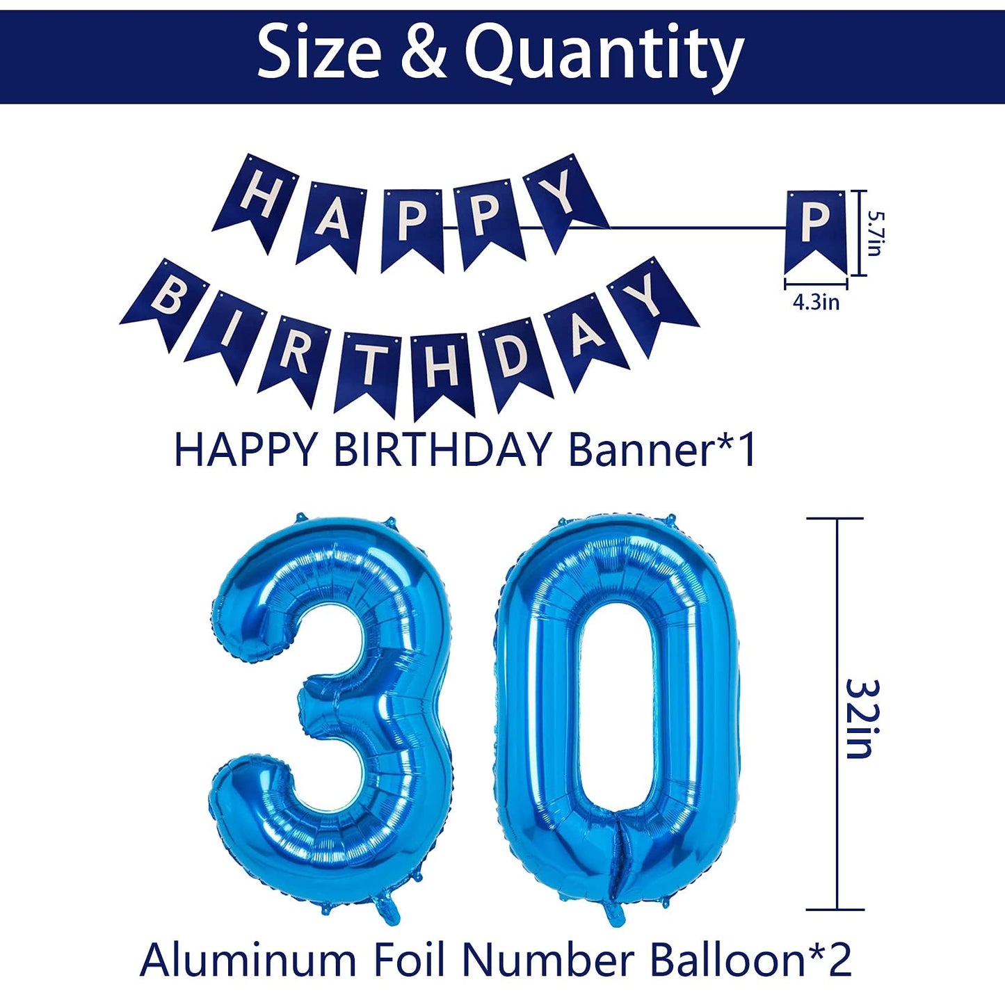 Naninuneno 30Th Blue Birthday Party Decorations For Boy Girl Men Women, Happy 30 Birthday Balloons Supplies With Happy Birthday