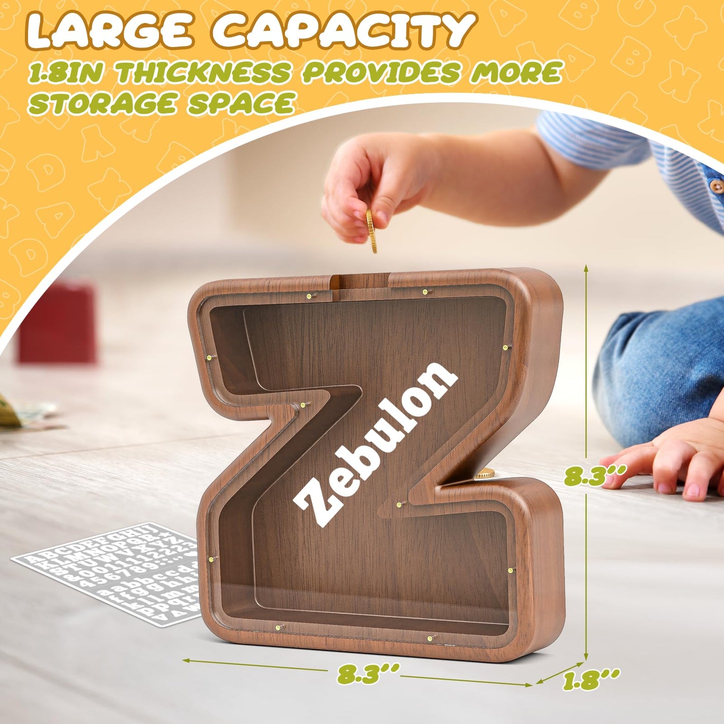 Summidate Wooden Letter Piggy Bank for Kids Girls Boys,Unbreakable Coin Banks for Baby,Personalized Cute Initial Money Banks, Bi